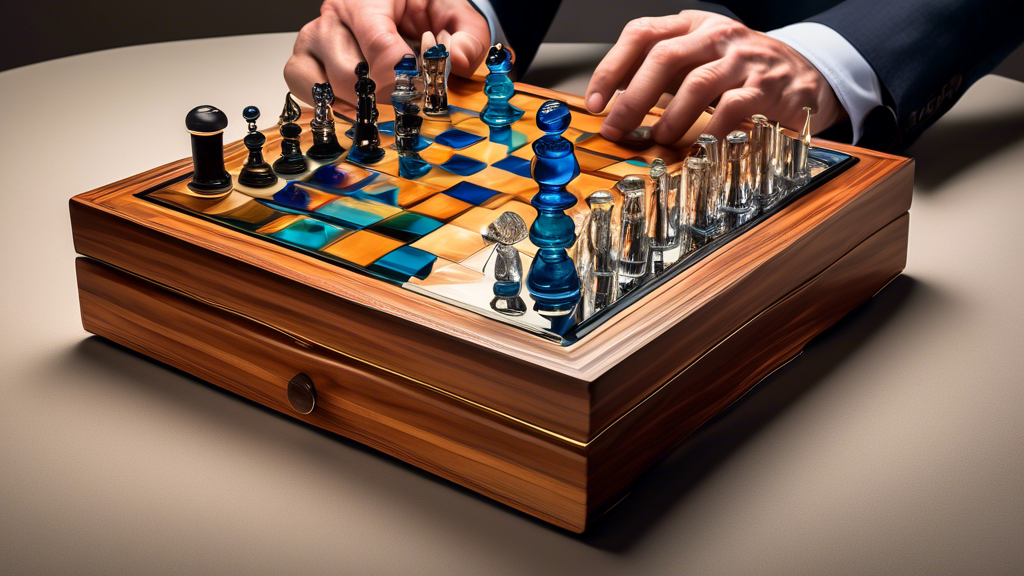 An articulate craftsman meticulously inspecting a variety of high-end materials including polished wood, shimmering metal, and sleek glass, carefully assembling a compact, luxurious travel chess set. The set features foldable or detachable parts, magnetic pieces, and a specialized storage compartment, emphasizing portability and design innovation.