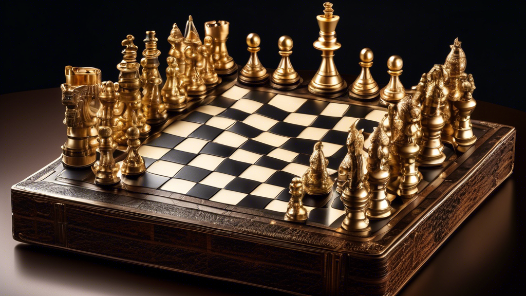 An array of the top recommended luxury travel chess sets for 2023, artistically displayed with their prices, pros, and cons. Each set should be shown with well-lit, glamour shots that highlight their material quality and unique design features. Include visual hints of extravagance such as gold trim, leather carrying cases, and intricate piece carvings. The setting is an upscale vintage library with old books and a globe in the background, enhancing the sophisticated vibe of a seasoned traveler.