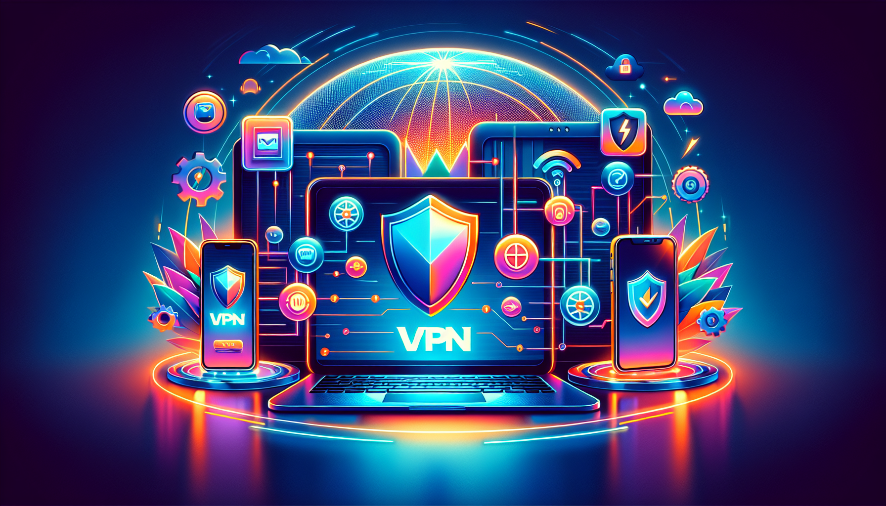Create an image featuring an array of devices such as a laptop, smartphone, and tablet showcasing different VPN logos including ProtonVPN, Windscribe, Hide.me, TunnelBear, and ZoogVPN. Each device screen should emphasize key features like security, speed, and ease of use. The overall design should convey the theme of 