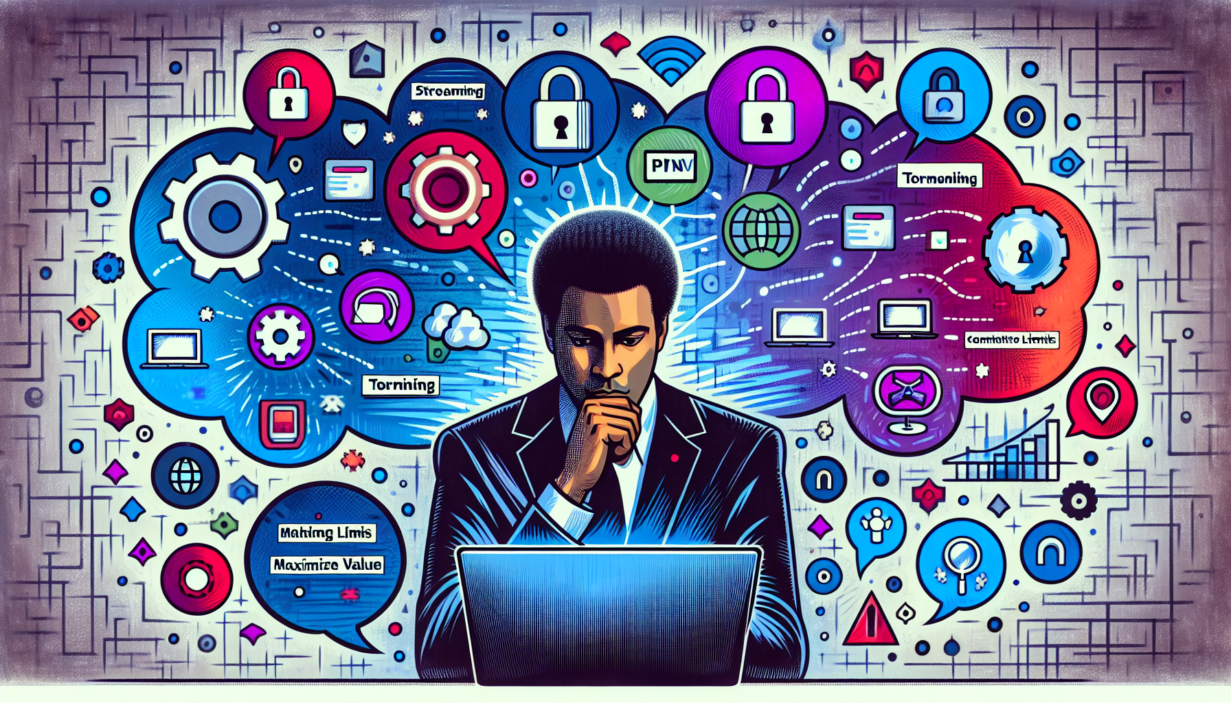 Create an image showing a person using a laptop with multiple icons representing different VPN services (like ProtonVPN, Windscribe, Hide.me, TunnelBear, and ZoogVPN) hovering in the background. The person looks thoughtful and is surrounded by text bubbles containing key words such as “Streaming”, “Browsing”, “Torrenting”, “Data Limits”, and “Maximize Value”. The background includes elements like server icons and padlocks to denote security, illustrating the concept of choosing the best free VPN in 2023.
