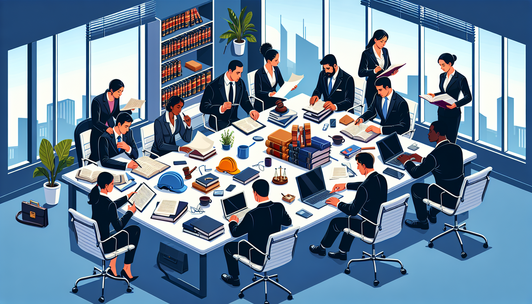 DALL-E prompt: A bustling law office setting with diverse team members of Morgan and Morgan Law Firm actively discussing strategies around a large conference table. The focus is on three separate groups: one group handling personal injury cases with documents and medical reports, another group engaged in workers