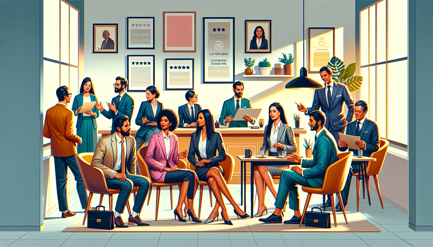 An office of Morgan and Morgan Law Firm bustling with activity, with attorneys and clients engaged in discussions; on the walls are framed testimonials and five-star reviews from satisfied clients, highlighting their trust and loyalty.