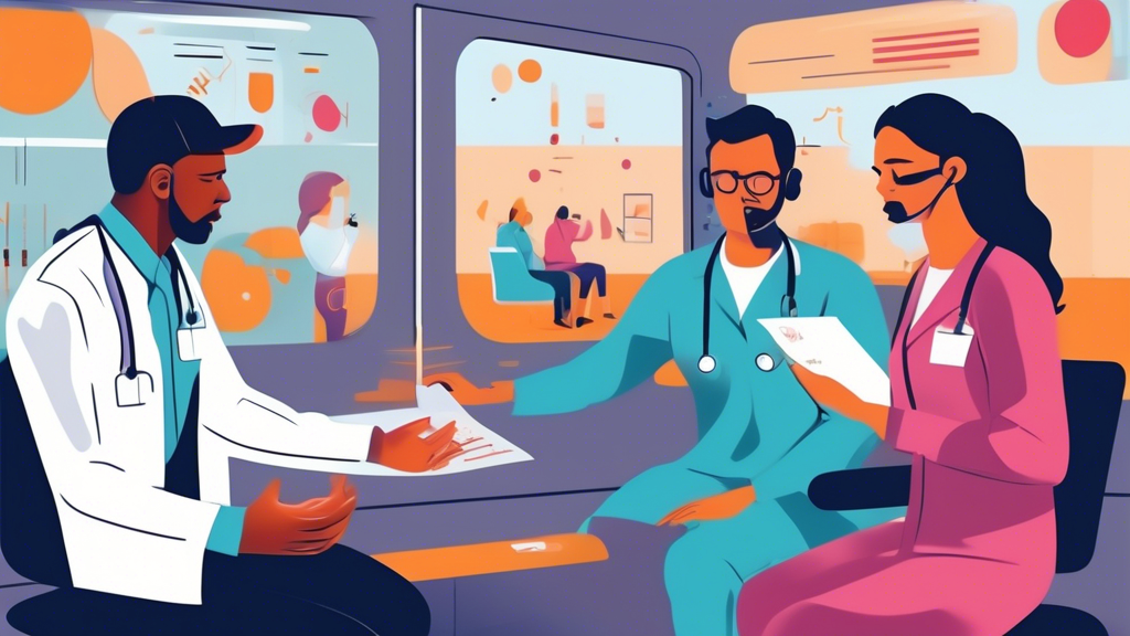 An immersive representation of a DOT exam in progress, showcasing a commercial driver undergoing various health tests including vision and hearing assessments in a clinical setting, with a focus on the medical professional conducting the examination and explaining the results, illustrating both passing and failing scenarios, and featuring visual icons indicating follow-up steps and recertification timelines.