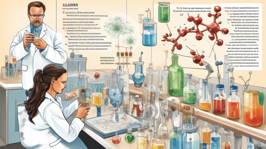 DALL-E prompt: Illustrate a laboratory setting where a diverse team of scientists, including a biochemist and a pharmacologist, are intensely analyzing the ingredients of a hangover prevention patch. Show a detailed poster on the wall explaining the body