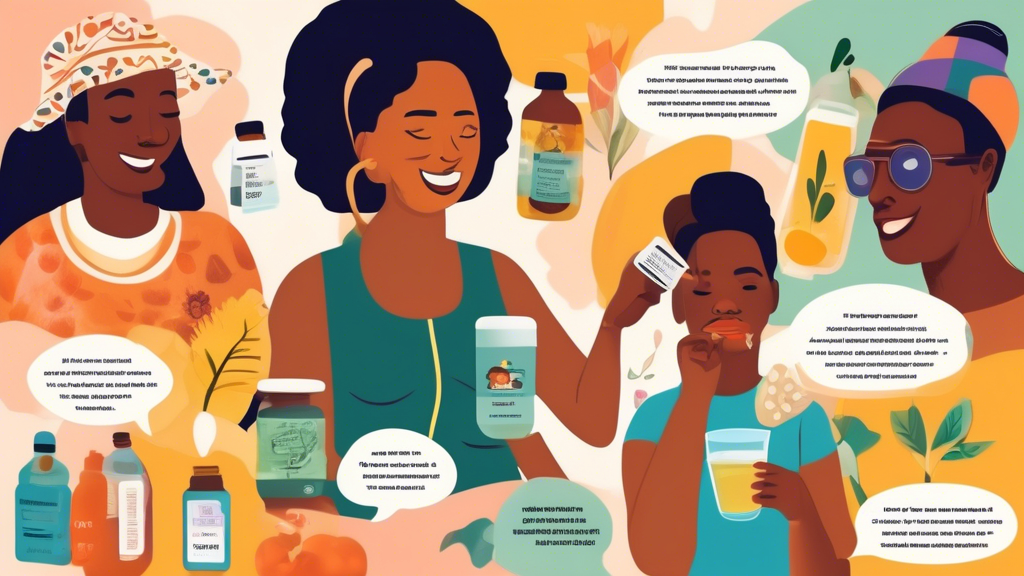 DALL-E prompt: Illustrate a vibrant collage featuring a diverse group of people in various settings using hangover prevention patches and sharing their experiences. The background should include various alternative hangover remedies such as herbal tea, water bottles, pills, and fruits. Add text bubbles above each person describing their feedback on the patch