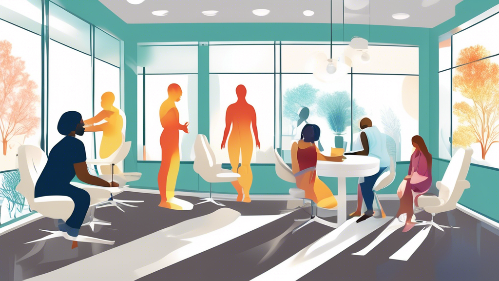 An artistic depiction of a serene and modern chiropractic clinic in Charlotte, North Carolina, with diverse patients interacting with professional spine specialists in a calming, well-lit environment.