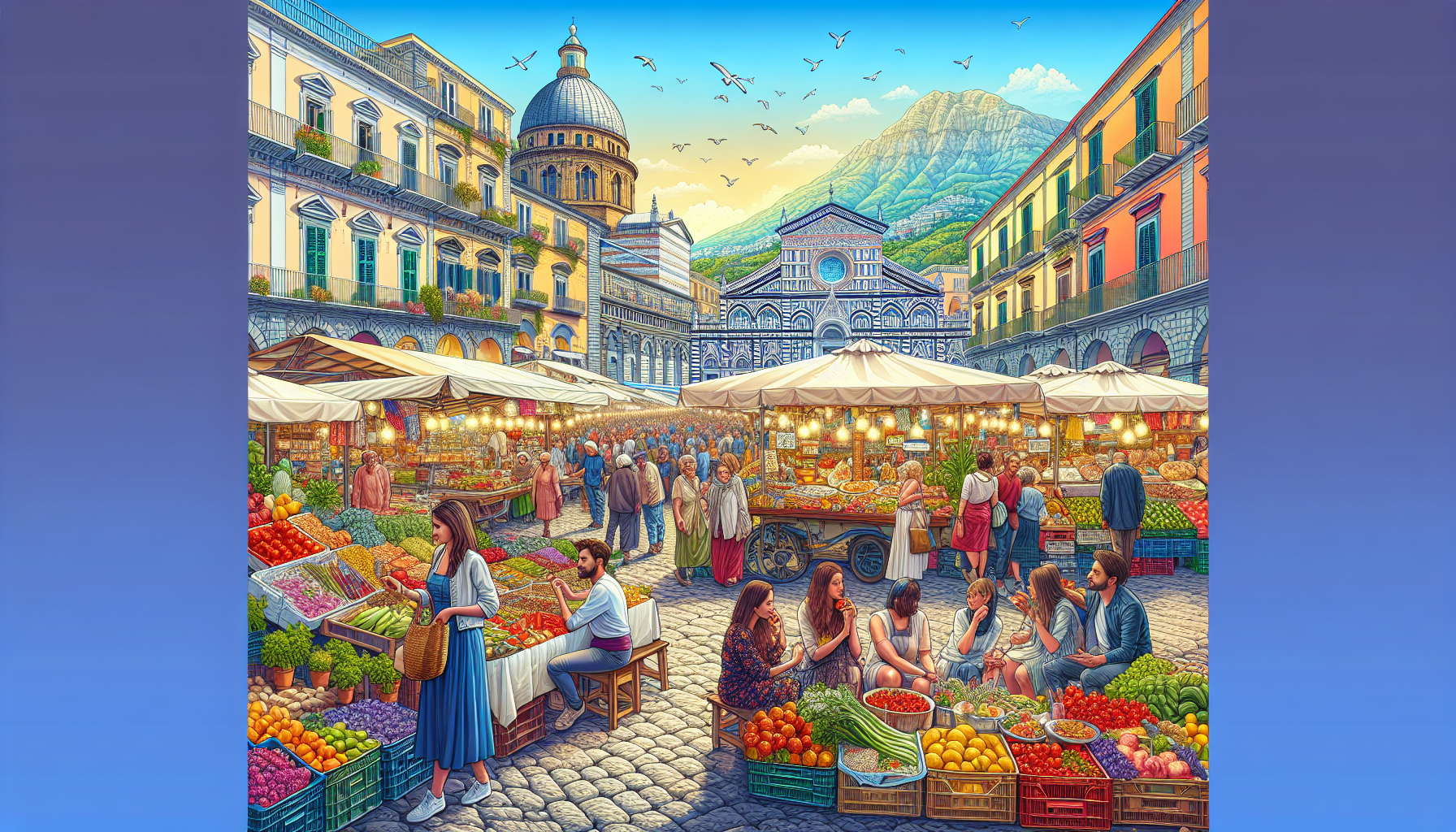 DALL-E Prompt: A lively street scene in Naples, Italy with bustling markets, vibrant street food stalls, and historic architecture in the background. People are enjoying affordable meals while vendors display fresh produce and local goods. The scenic Amalfi coast can be seen in the distance, creating a picturesque blend of culinary and cultural richness.