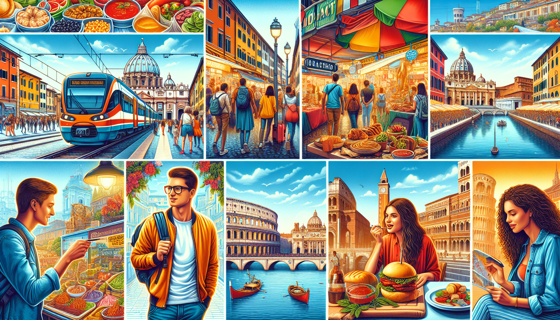 Create an illustration that portrays a variety of budget-friendly travel experiences in Italy. Show a traveler using public transport like a train, enjoying street food from a local market, and visiting a historical site with a city pass. Include scenes of diverse Italian landscapes, like a bustling urban market, scenic countryside, and iconic city architecture. The overall mood should convey the charm and affordability of traveling in Italy.