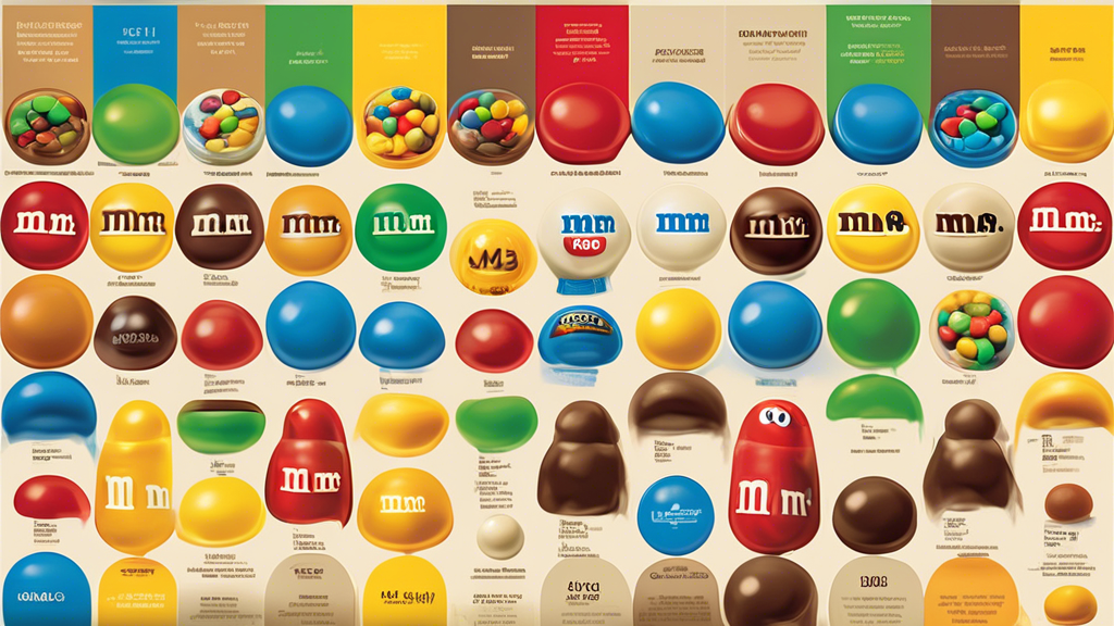 An artistic, colorful illustration showcasing a timeline of M&M candy evolution from the 1940s to the present day. Include significant moments like their use in WWII, the introduction of new colors and flavors over the decades, and modern-day technological advancements in candy production. The image should capture the transformation and growth of the M&M brand, emphasizing the evolution of both packaging and the candies themselves.