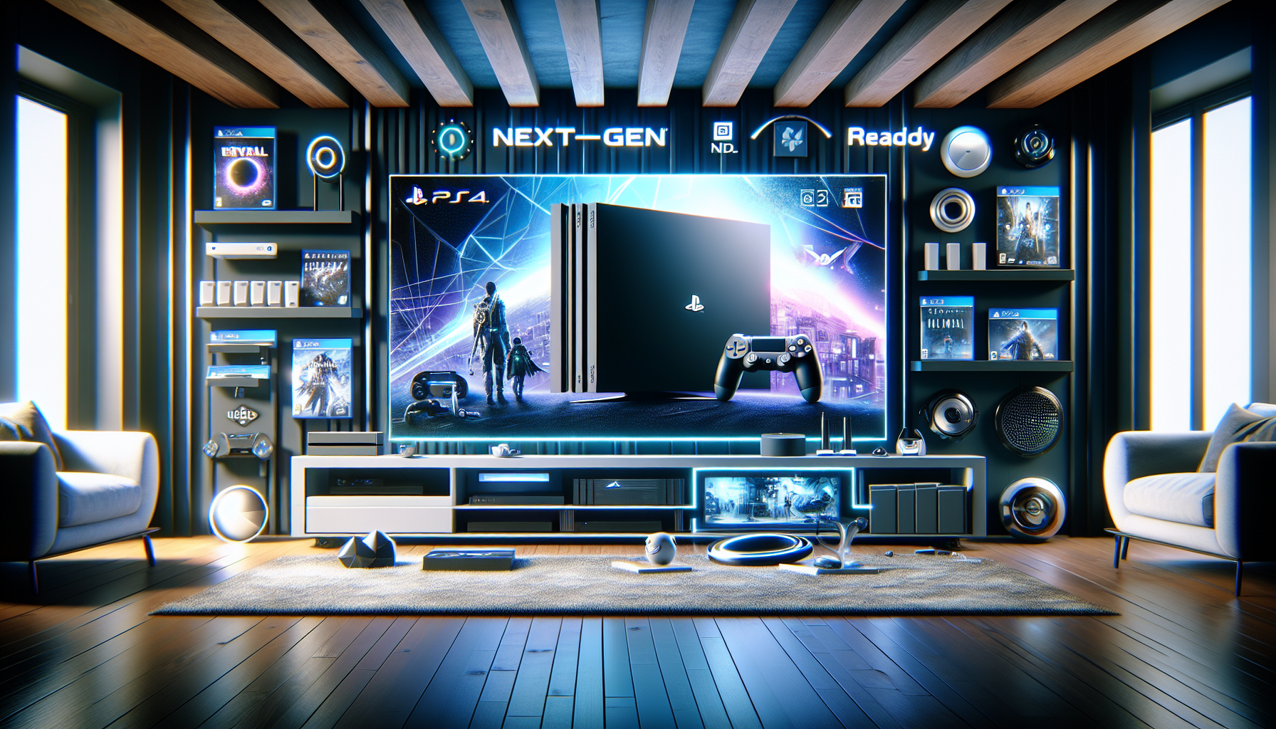 Create an image that showcases a sleek, modern living room with a PS4 Pro prominently displayed next to a large, futuristic flat-screen TV. The background should include subtle hints of upcoming next-gen game titles (use fictional covers if needed) and technology gadgets, emphasizing a setup that is ready for the future. Include elements that signify investment and long-term benefits, such as a stack of games labeled Next-Gen Ready and accessories that indicate ongoing support and updates. The atmosphere should evoke a sense of preparedness and anticipation for future gaming advancements. Keywords to focus on: future-proofing, next-gen gaming, PS4 Pro, investment, long-term benefits.