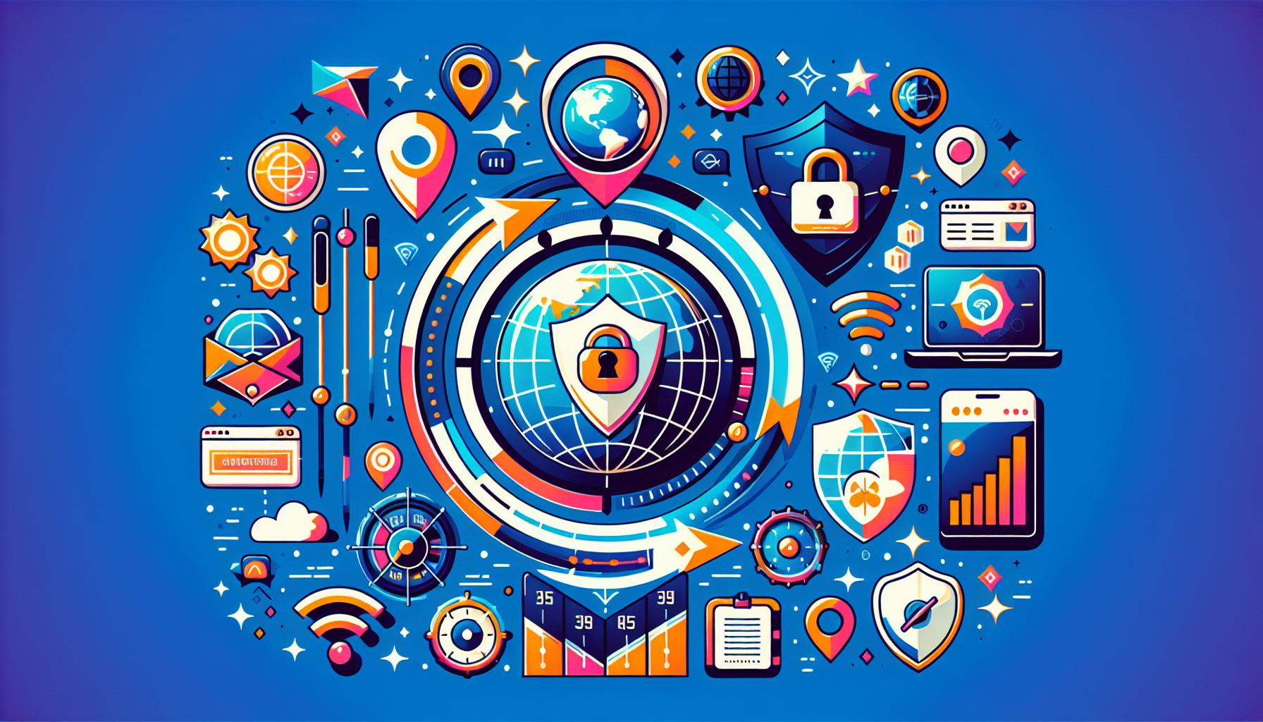 Create an image depicting key benefits of using SmartDNSProxy:

**Prompt for DALL-E:** 

Create a digital illustration showcasing the key benefits of using SmartDNSProxy. The image should include icons and symbols representing improved online privacy and security (like a padlock and shield), access to geo-restricted content (globe with location pins or a streaming service logo), and enhanced internet speed and performance (speedometer or fast internet icon). Use a cohesive color scheme, modern design elements, and technology-themed visual motifs to convey the advanced functionality of SmartDNSProxy.