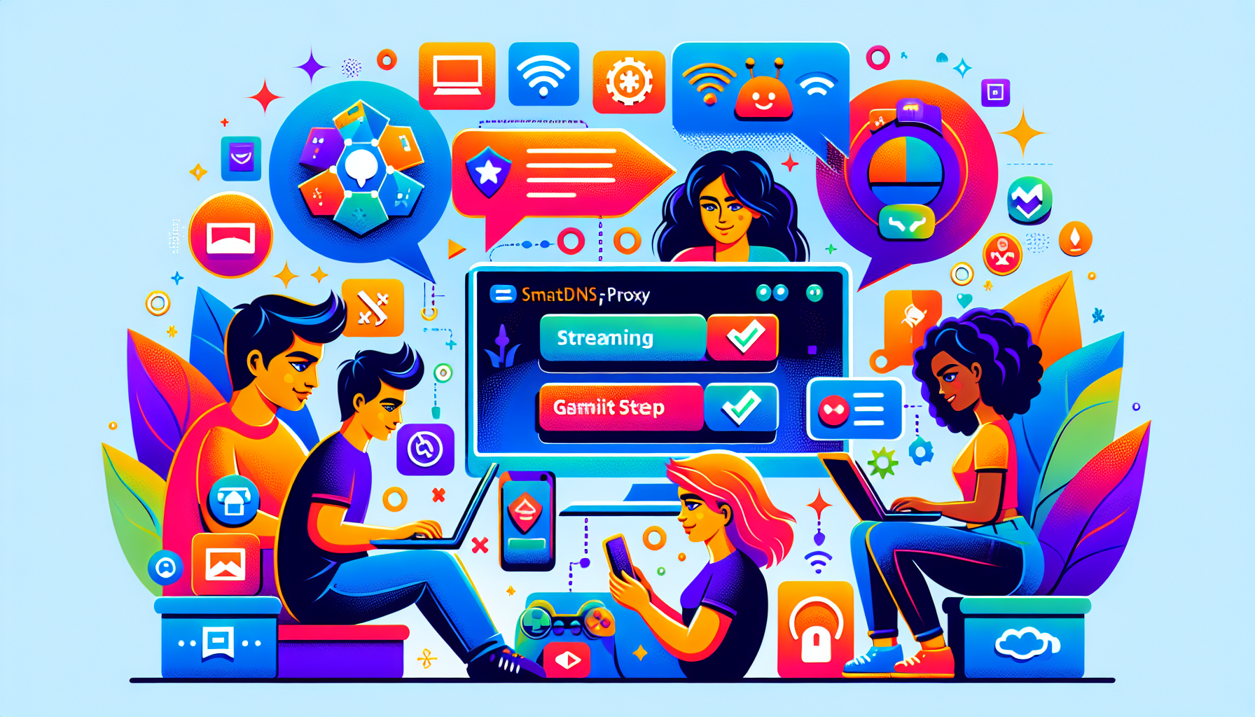 Create an illustration showing a diverse group of people setting up SmartDNSProxy on various devices such as a laptop, smartphone, smart TV, and gaming console. Include visual step-by-step guides floating around each person, with icons for streaming, gaming, and troubleshooting tips. Ensure that the scene conveys ease and optimization in configuring SmartDNSProxy.