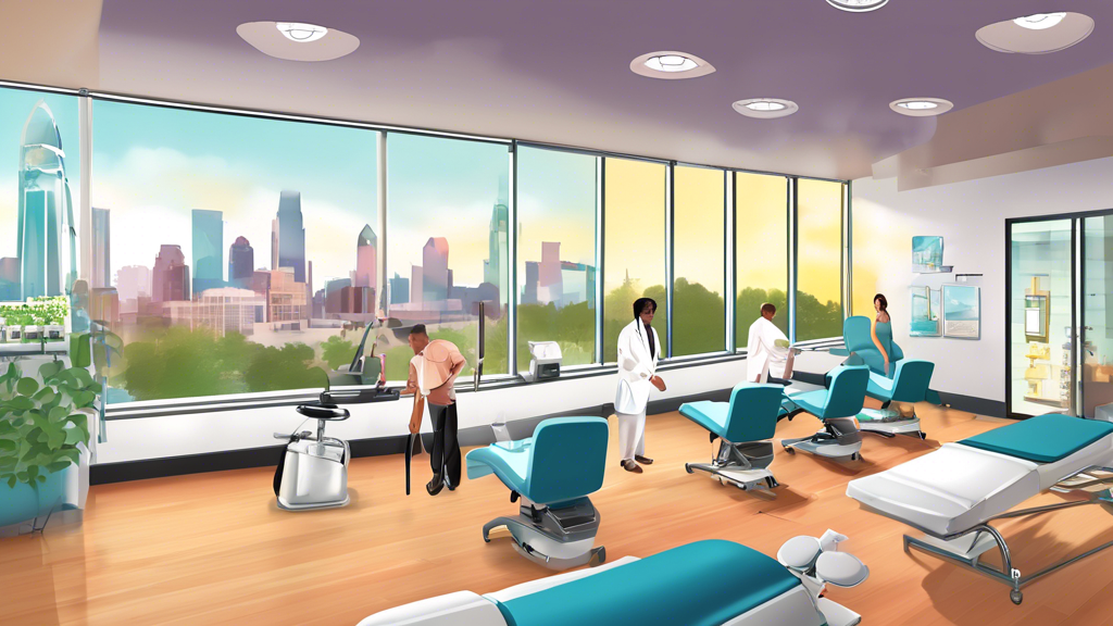 Digital illustration of a serene and modern chiropractic center in Charlotte, NC, featuring patients receiving various treatments in a soothing, well-designed environment with views of the city skyline.