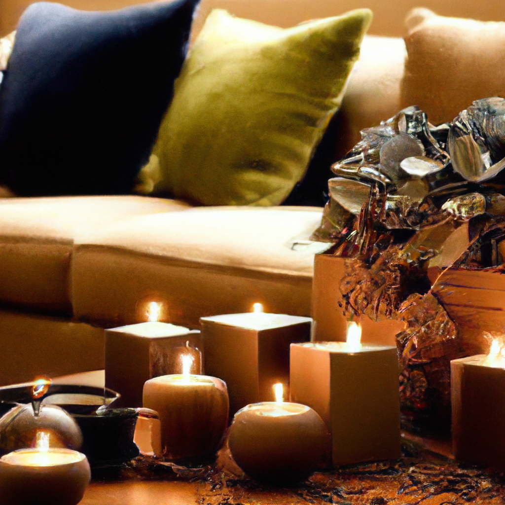 Create an image illustrating the following scene: A cozy New Zealand home with a warm, inviting interior. A wooden coffee table in the center of the room is adorned with a variety of beautifully crafted scented candles. Some candles are lit, emitting a soft glow and a wisp of aromatic smoke. Surrounding the table, hints of New Zealand