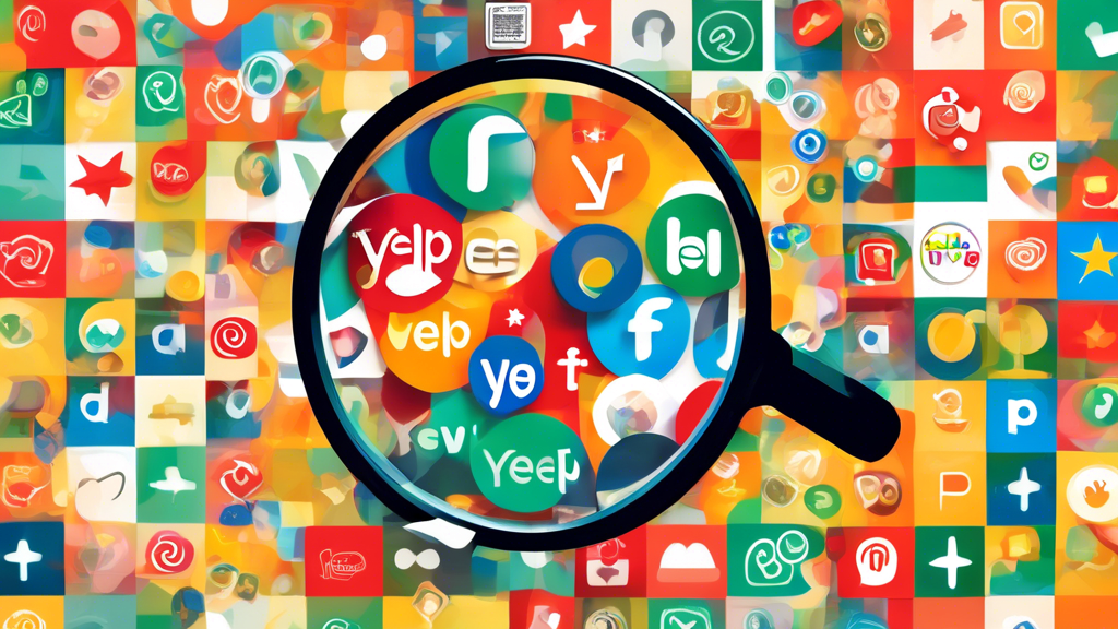 A vibrant collage showcasing popular customer review platform logos like Yelp, Google Reviews, TripAdvisor, and Amazon Reviews, with a magnifying glass hovering over them, emphasizing their importance for businesses.