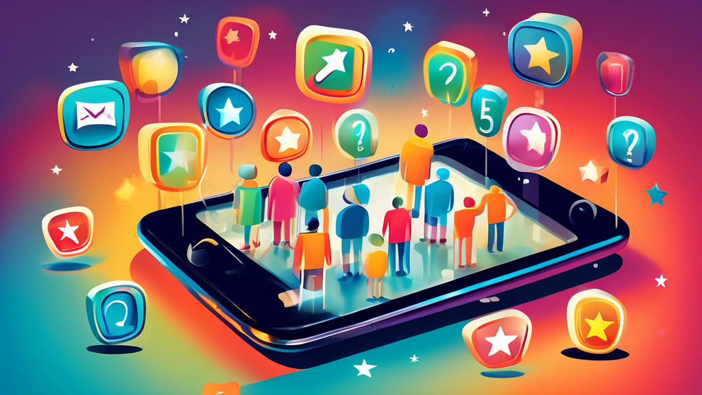 A hand holding a magnifying glass over a smartphone displaying a 5-star rating, surrounded by other floating smartphones also showing positive customer reviews and comments.