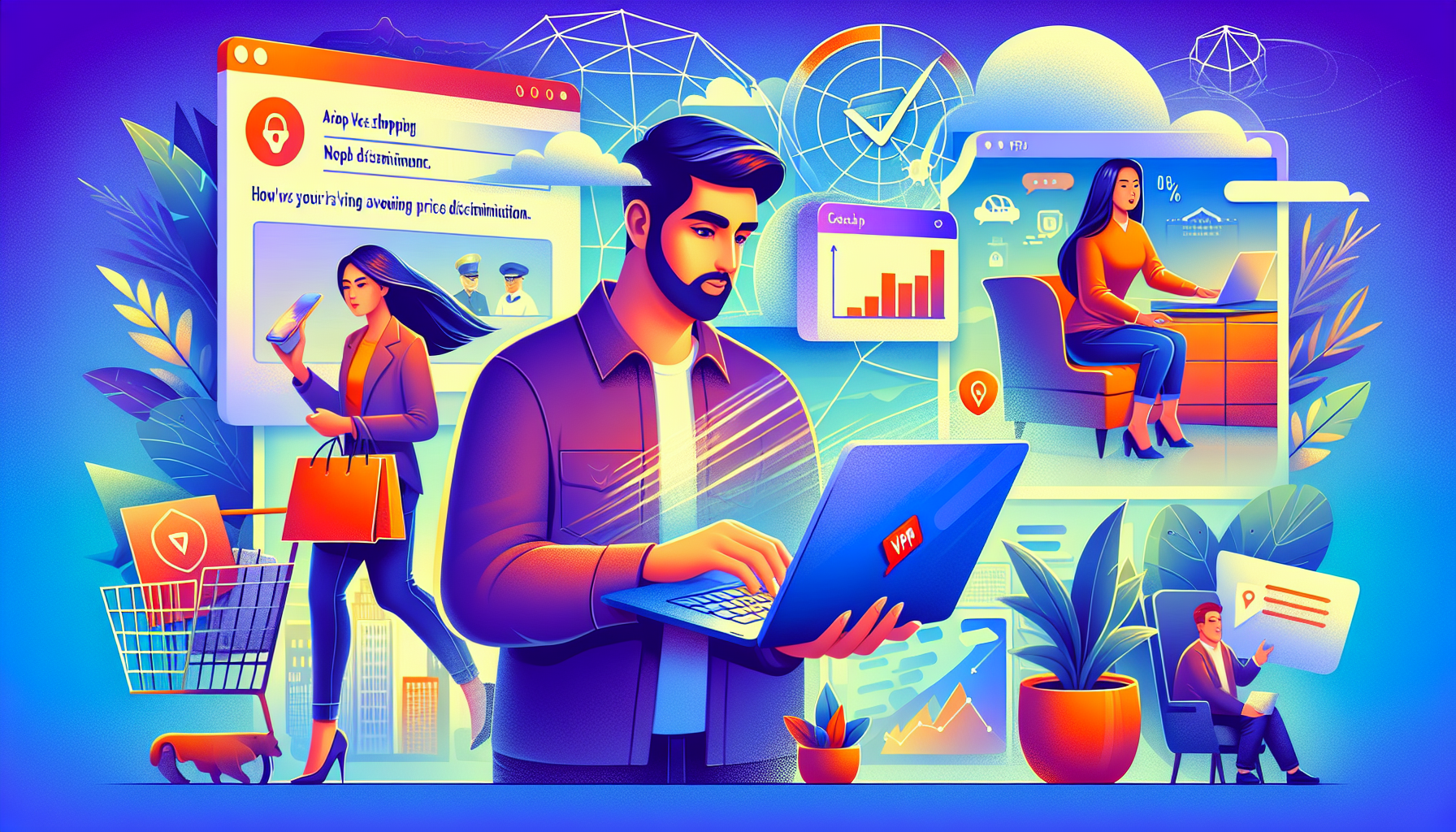 Create an image depicting the economic advantages of using a VPN service. The scene should show a person shopping online with a laptop, receiving a notification about avoiding price discrimination. Next to them, there