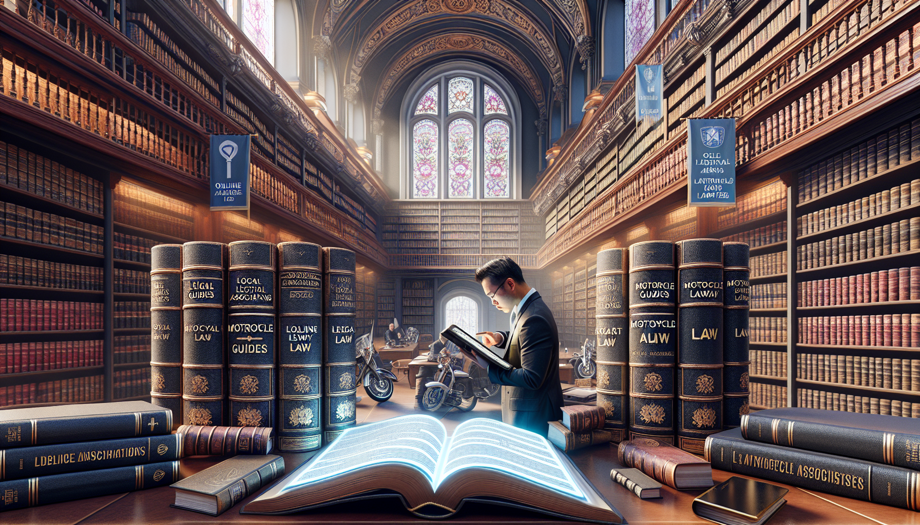 Create an image of a person searching through large, illustrated books labeled 