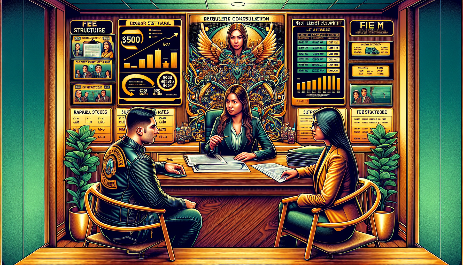 DALL-E prompt: A professional and detailed depiction of a consultation room scene where a potential client, a motorcyclist wearing a leather jacket, is sitting across from a focused and experienced attorney at a polished wooden desk. The attorney is explaining documents that are spread out on the desk, which highlight the attorney