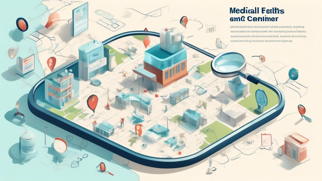 Prompt: Create an image of a detailed map pinpointed with various icons representing medical facilities such as local health centers and clinics scattered around a fictional city. Overlay it with a magnifying glass zooming in on one health center icon, and an inset showing a detailed list of certified medical examiners, taken from the FMCSA’s National Registry. Include graphical elements such as health-related symbols (e.g., medical cross, stethoscope) and a small badge reading CDL Medical Examination Sites to emphasize the content relevance.