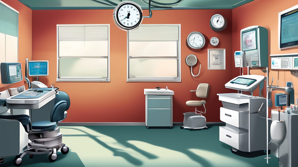 Digital artwork of a professional medical examination room with detailed depictions of medical equipment used for a CDC commercial truck driver health check, including a blood pressure monitor and vision test chart, emphasizing a serene and well-prepared atmosphere for a CDL physical examination process.