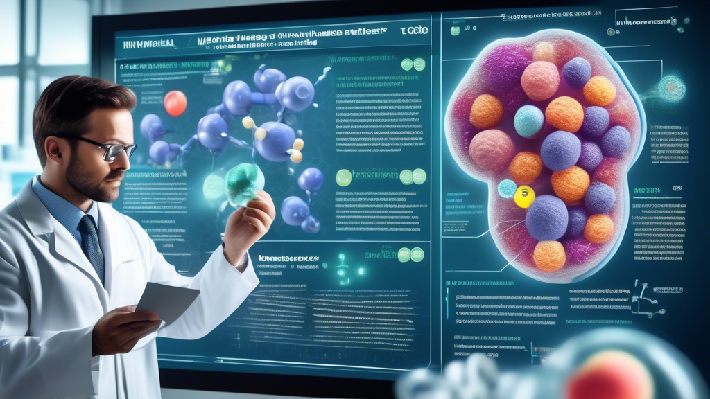 An image of a scientist in a lab, carefully examining a large, transparent patch displayed before them on a digital screen showing molecular structures of vitamins, minerals, and antioxidants. The background includes a poster with bullet points summarizing the potential benefits of these compounds in combating hangover symptoms, and a sidebar screen displaying graphs from clinical studies on the effectiveness of anti-hangover patches.