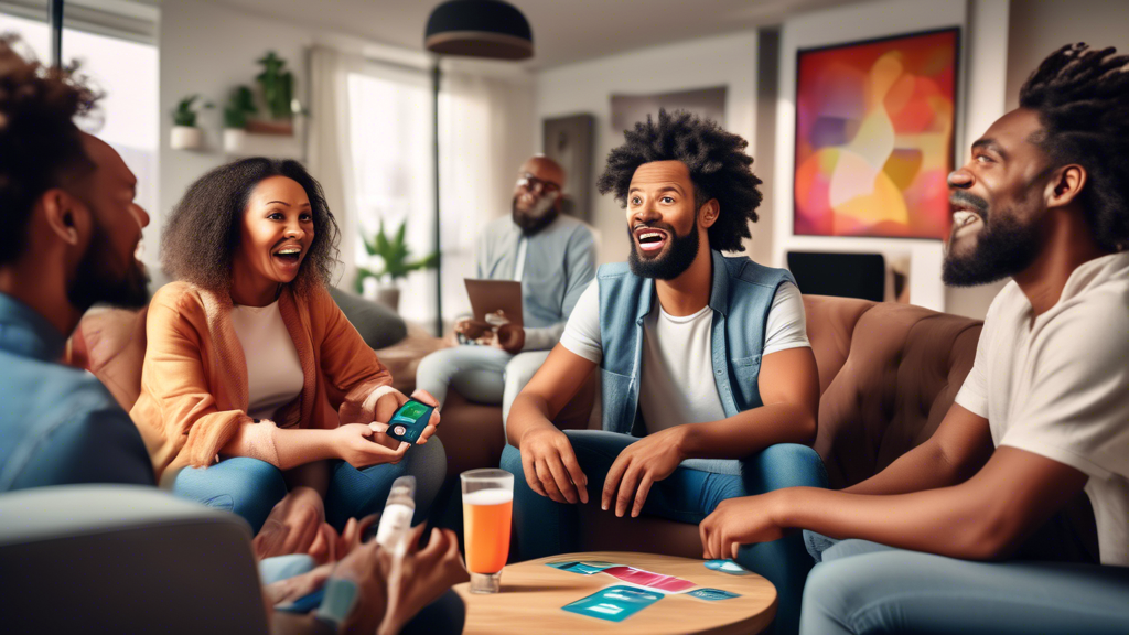 Diverse group of people in a modern living room sharing testimonials and experiences about using anti-hangover patches, displaying mixed reactions of satisfaction and skepticism, with visible anti-hangover patch packages and a digital screen showing expert tips and safety advice in the background.