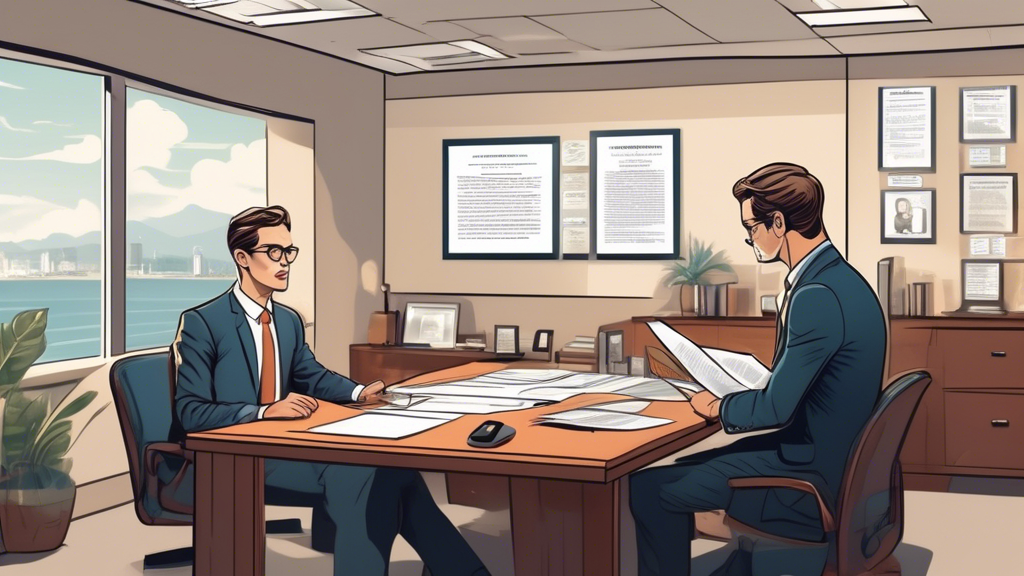 An illustration of a client sitting across a table from a distinguished and confident boat accident attorney in a modern office environment. The attorney, displaying certificates of maritime law specialization on the office walls, is presenting case outcomes and specific credentials to the client, who is attentively reviewing a portfolio of past client reviews and testimonials. The setting conveys a sense of professionalism and expertise specific to boat accident cases.