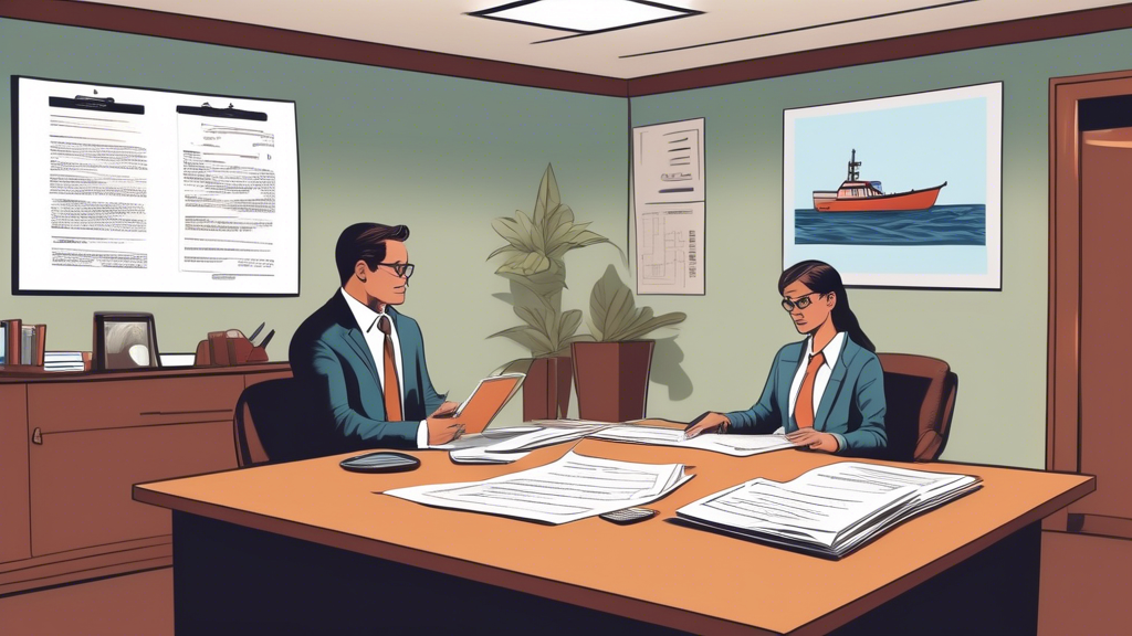 An illustrated scene showing a consultation room where a potential client, with a folder of documents, is having an initial consultation with a specialized boat accident attorney. They are discussing a case with a maritime law book visible on the table, a legal directory open on a laptop, and a fee structure chart on the wall, emphasizing a step-by-step decision-making process.