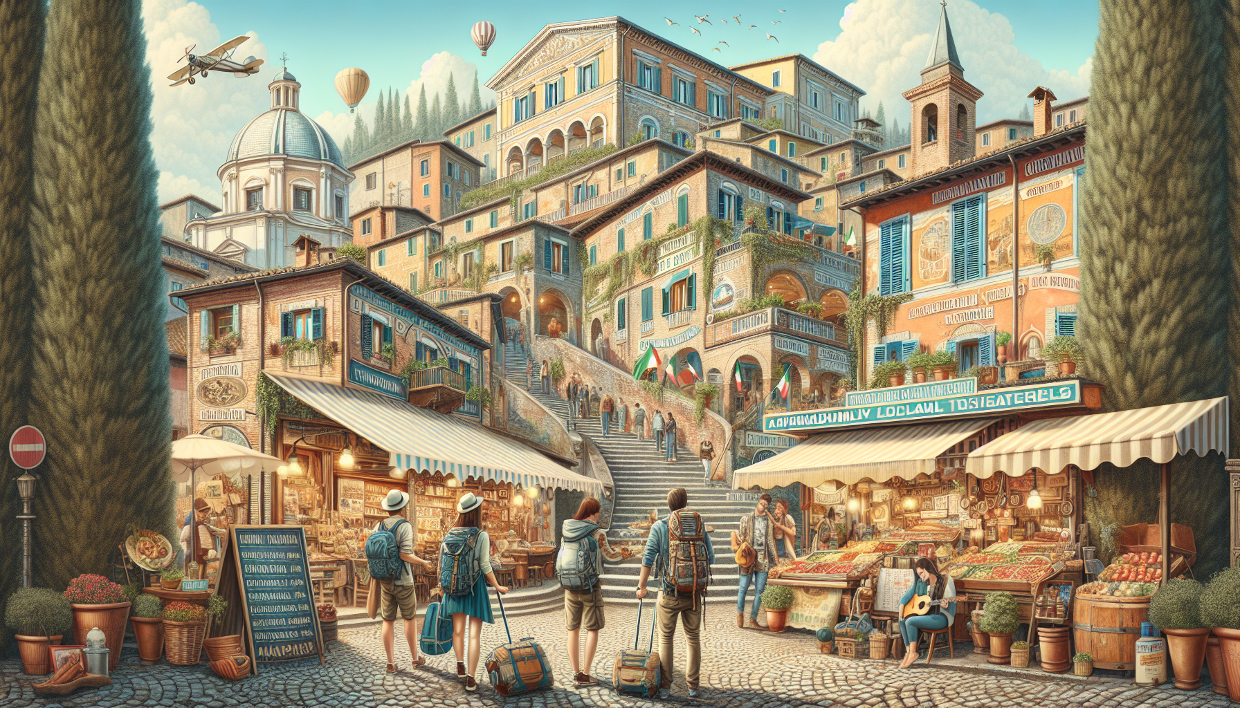 Create an image showing a picturesque Italian town with historical buildings and narrow cobblestone streets. The town should be bustling with cultural activities like street musicians and local markets. Include visual elements that highlight affordability, such as people enjoying budget-friendly street food, backpackers exploring the area, and signs for local, inexpensive eateries. The overall scene should evoke a sense of rich cultural heritage and budget-friendly travel, encapsulating the charm of affordable destinations in Italy.