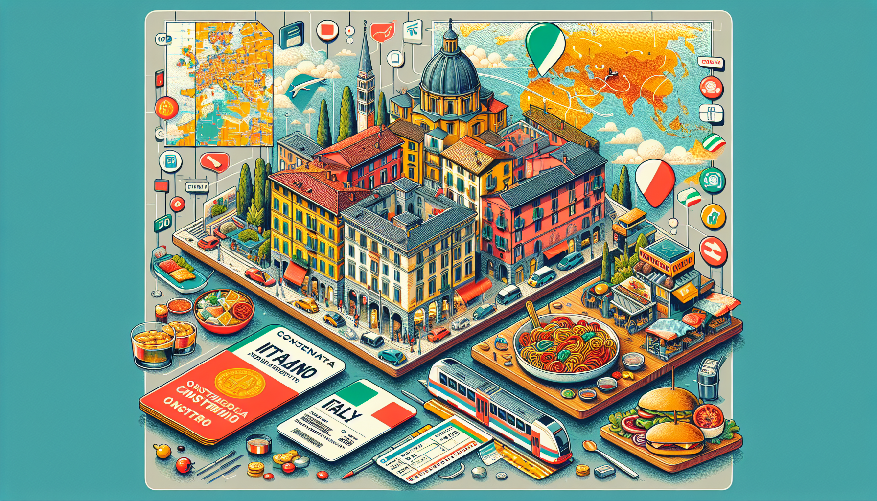 Create an image illustrating practical travel tips for exploring Italy on a budget. The image should feature a collage of budget-friendly elements such as affordable accommodations, cost-effective public transportation, and inexpensive yet delicious Italian dining. Incorporate visual cues like a map of Italy, hostel signs, a metro ticket, and a typical Italian street food stand. The overall mood should feel informative and helpful, guiding viewers on how to save money while enjoying their trip to Italy.