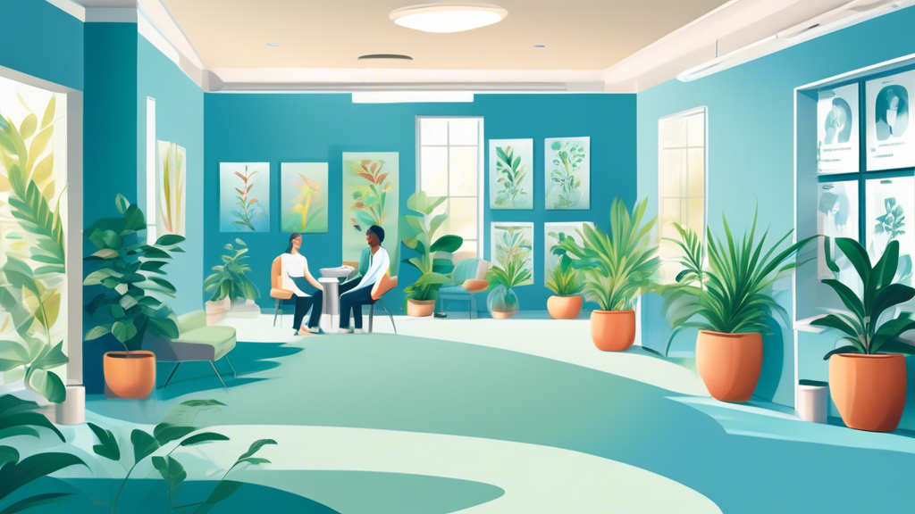 An inviting and serene chiropractic clinic in Charlotte, with a diverse group of patients receiving personalized treatments from skilled professionals, surrounded by calming blue walls and green plants, illustrating a harmonious and healing atmosphere.