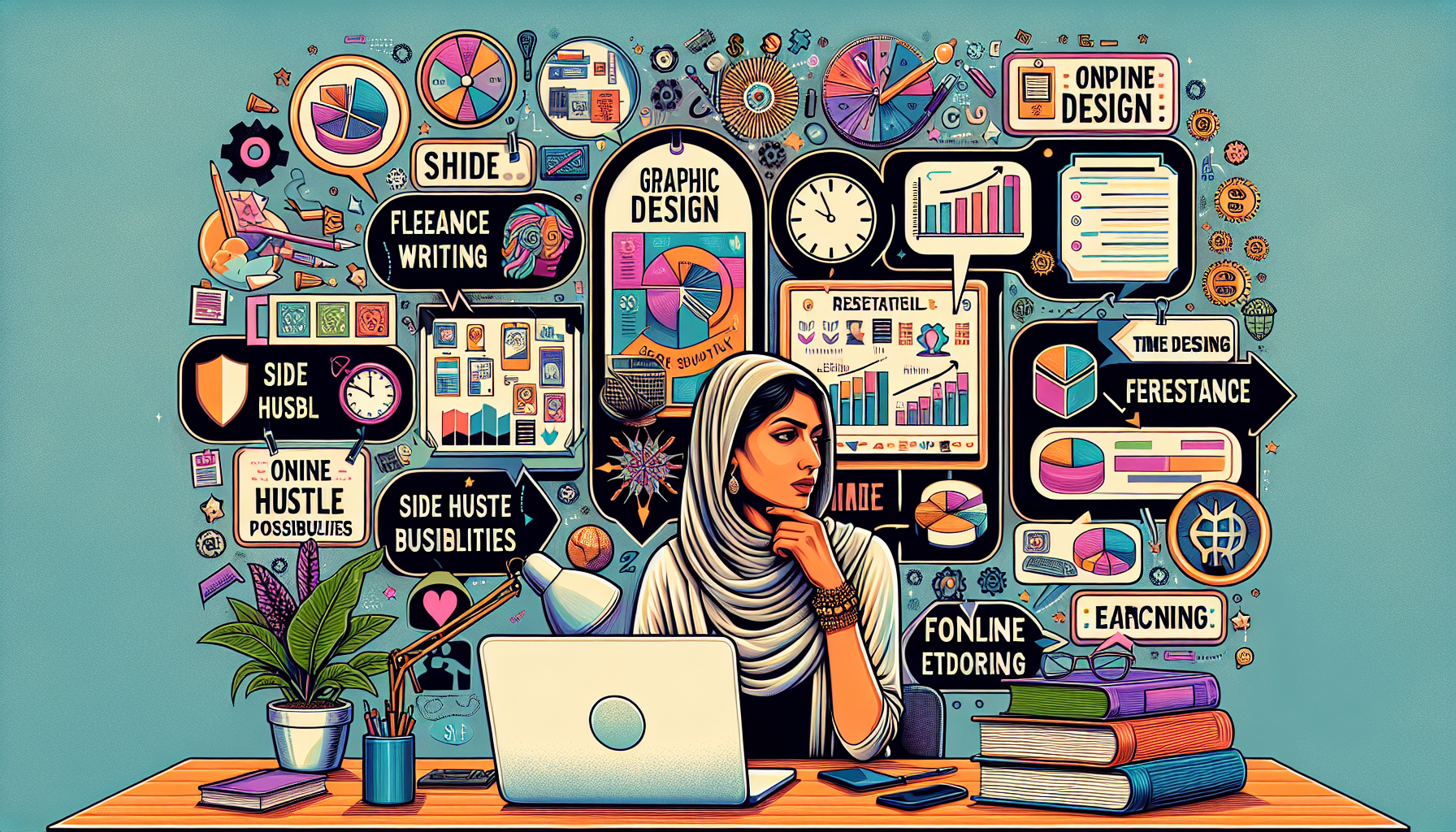 Create an image that illustrates the journey of finding the perfect side hustle. Show a person examining different side hustle options, such as freelance writing, graphic design, and online tutoring, represented as icons or pictures around them. Include elements like a checklist of skills and interests, a clock symbolizing time evaluation, and a chart hinting at potential earnings. The background should be an inspiring, creative workspace filled with motivational quotes and books related to side hustles.