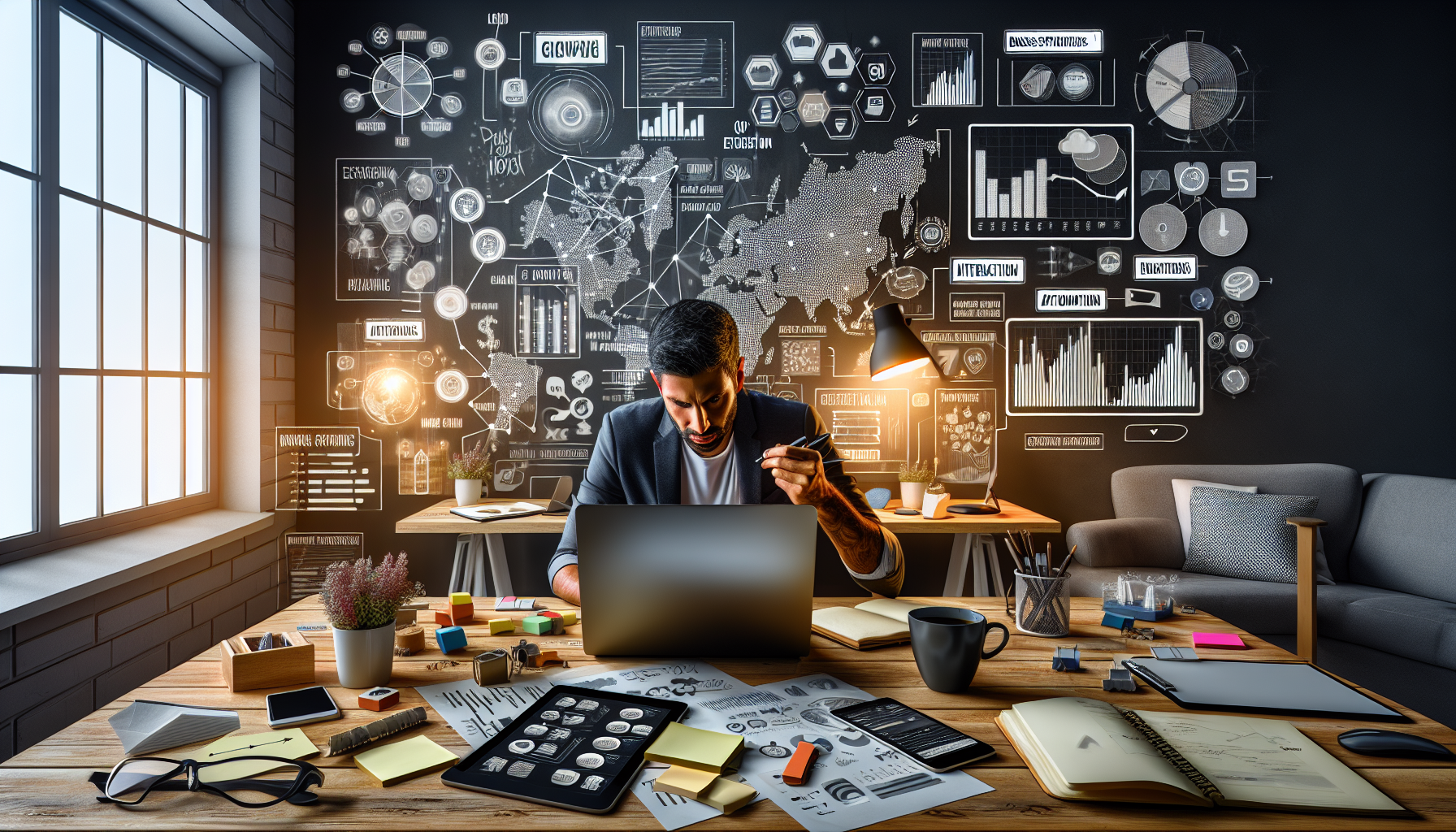 Create an image of a passionate entrepreneur working on their side hustle from a cozy home office setup. They are surrounded by tools that signify growth and efficiency: a sleek laptop displaying analytics, a smartphone showing social media engagement, sticky notes with strategies, and a cup of coffee. Include elements like a network map on the wall, conveying effective marketing and networking strategies, and a tablet displaying automation apps to signify leveraging technology. The overall atmosphere should be dynamic and inspiring, highlighting the hustle and dedication to boosting profitability.