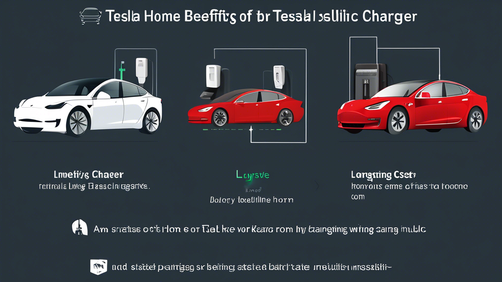 An image illustrating the financial benefits of installing a Tesla home charger. Show a modern home garage with a sleek Tesla vehicle connected to a Tesla home charger. On one side, depict a graph or chart highlighting the cost savings of home charging versus public charging, and on the other side, include symbols or icons representing increased battery longevity, tax rebates, and utility incentives. Ensure the image conveys a sense of savvy financial planning, investment, and futuristic technology.