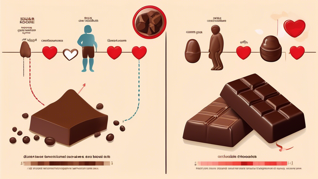 An illustrated comparison of the health benefits of sugar-free chocolate versus traditional chocolate, showing diagrams that highlight the lower calorie content, a graph depicting the reduced impact on blood sugar levels, and icons representing benefits for diabetic individuals. The image should also illustrate a heart symbol to denote cardiovascular health and a silhouette for weight management, all surrounded by diverse people enjoying chocolate in a happy, healthy setting.