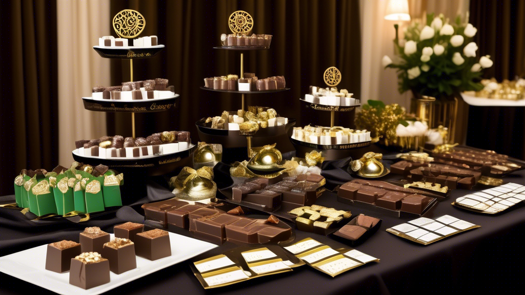 Prompt: Create an image featuring a luxurious chocolate tasting event with two distinct stations. The first station beautifully displays an array of traditional chocolates with shimmering dark, milk, and white varieties, adorned with gold accents and elegant labels. The second station showcases an inviting spread of sugar-free chocolates, clearly labelled and highlighted with green and silver accents to emphasize health and indulgence. In the background, a diverse group of connoisseurs, from young adults to seniors, are actively tasting and comparing the two types, visibly expressing different reactions and preferences. The setting is sophisticated, with soft, ambient lighting and rich, wooden decor, creating a perfect atmosphere for chocolate evaluation.