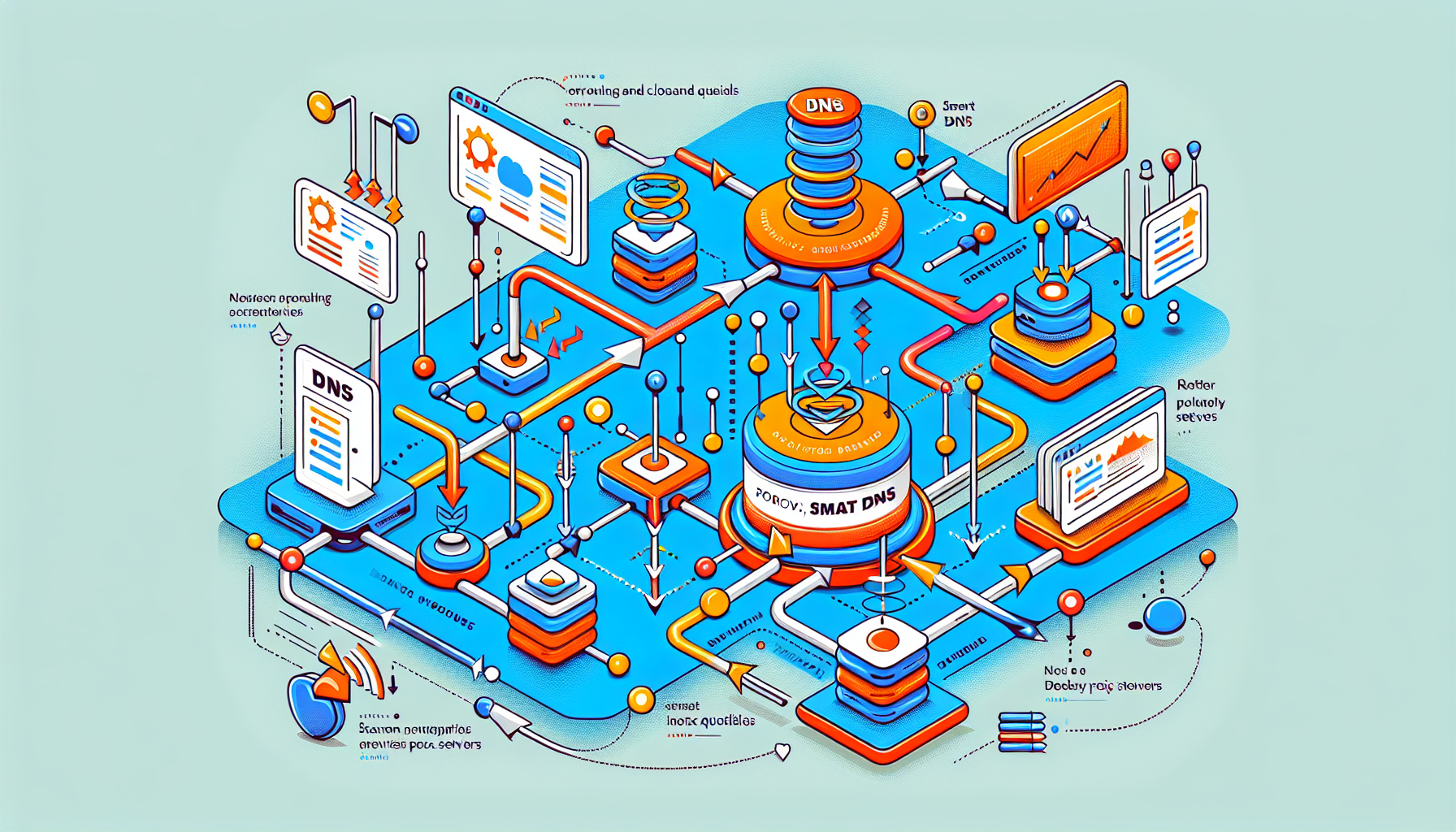 Prompt: A detailed illustration showing the technical mechanics of how smart DNS proxy servers operate. The image should include diagrams depicting the process of rerouting and masking DNS queries, highlighting how smart DNS achieves faster internet speeds and more reliable connections. Include clear labels and concise annotations for each step of the process.