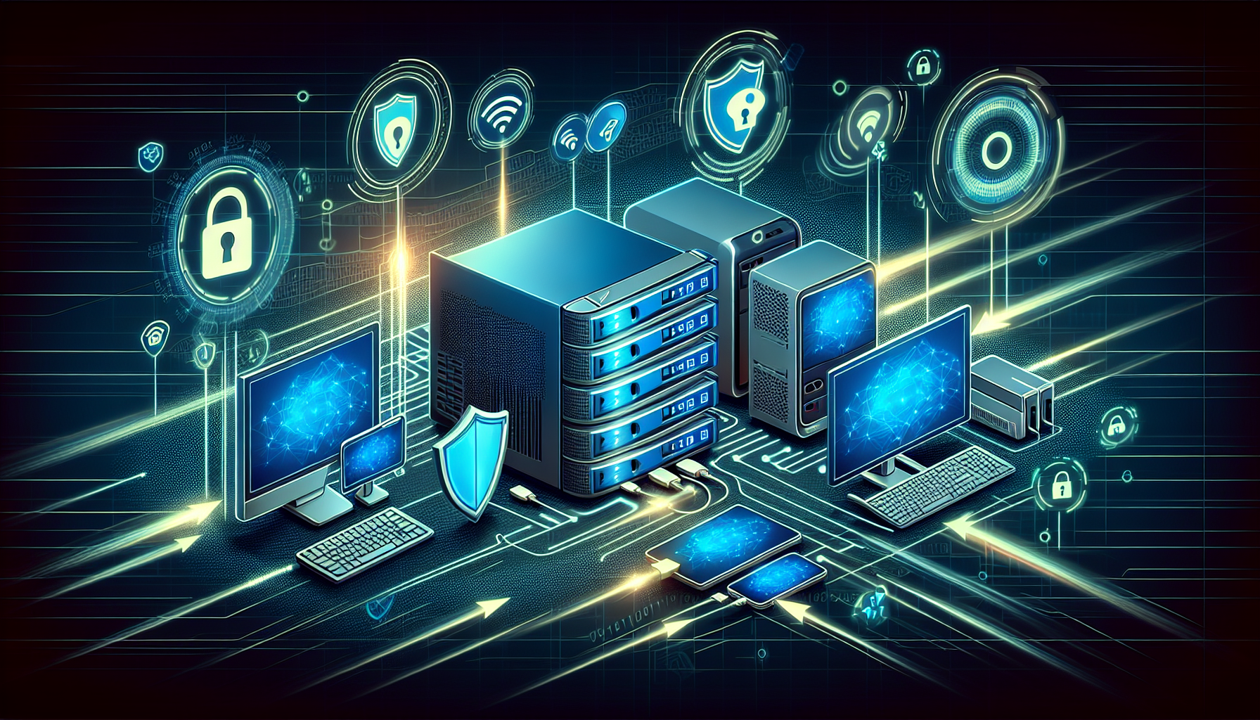 Create an image depicting a network security environment with multiple devices such as PCs, smartphones, and gaming consoles connected to a smart DNS proxy server. Include visual elements that illustrate enhanced privacy and security features, such as shields and locks, without compromising speed, indicated by speedometer icons or fast-moving network lines. The image should radiate a sense of both protection and high performance.