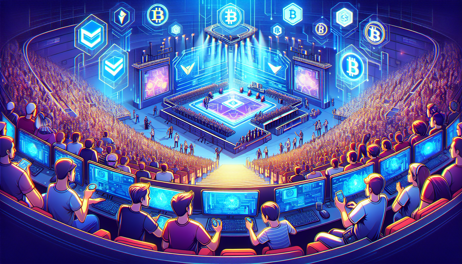 Create an image depicting an esports event where cryptocurrencies are revolutionizing transactions. Illustrate a large esports arena with vibrant, futuristic elements. Highlight a secure and transparent payment system, showing players and fans using cryptocurrency for transactions, such as buying merchandise or in-game items. Include digital wallet icons, blockchain graphics, and logos of popular cryptocurrencies. Emphasize the seamless and positive experience through enthusiastic participants and clear visual cues of successful esports cryptocurrency usage.

Keyword: esports cryptocurrencies.