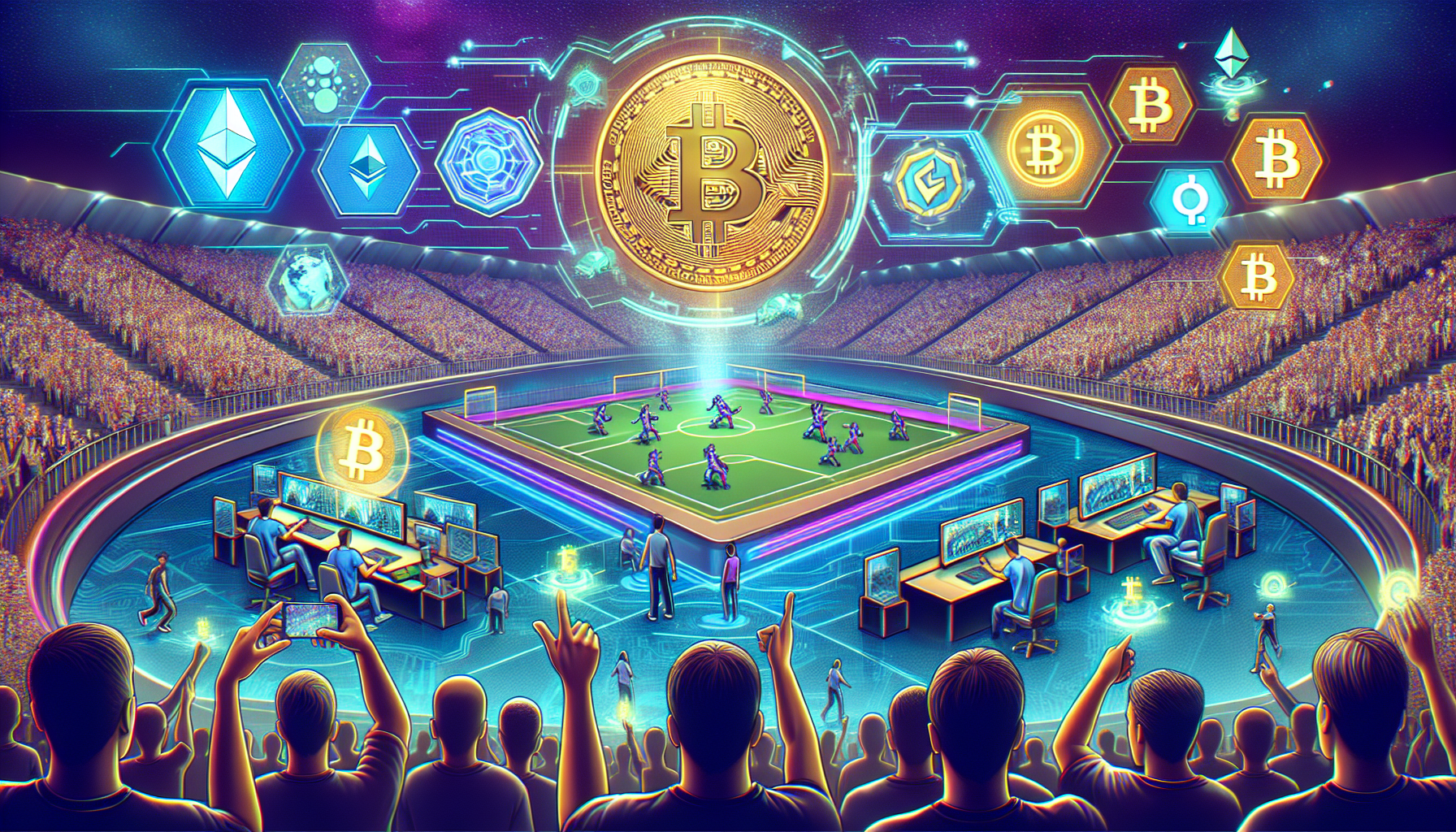 Create an image depicting the future of esports with the integration of cryptocurrencies. Show a futuristic esports arena with players and spectators, digital currency symbols like Bitcoin and Ethereum represented in holograms. Include visual elements such as advanced technology, augmented reality interfaces, and players conducting transactions using their smart devices, emphasizing the synergy between esports and cryptocurrencies.