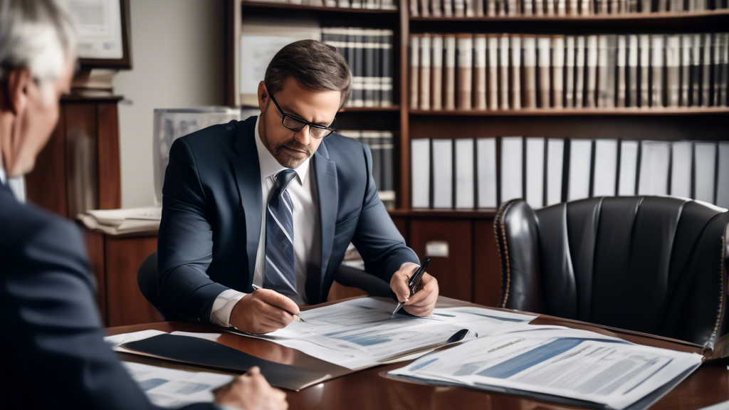 A client sitting across from a boat accident lawyer in a professional office setting, reviewing documents and discussing case details. The lawyer is explaining different fee structures with charts and graphs visible in the background. A bookshelf filled with legal books related to maritime law and personal injury is clearly visible to emphasize expertise. The scene is serious and business-like, highlighting the importance of a thorough and informed consultation.