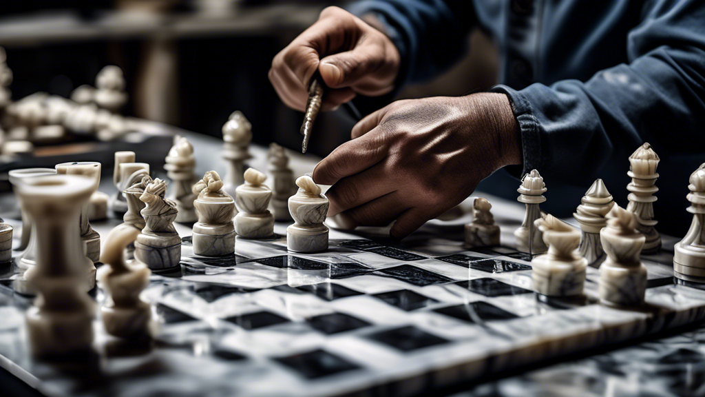 Artisan crafting detailed marble chess pieces and board in a workshop, emphasizing the intricate carving techniques and various exquisite types of marble used in the production of luxury marble chess sets