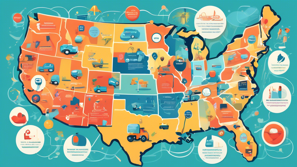 An illustrated map of the United States highlighting the top 50 clinics and healthcare centers for DOT physicals, each marked with a distinct icon showing unique features like online scheduling, while testimonials from satisfied truck drivers are depicted in thought bubbles above the locations.