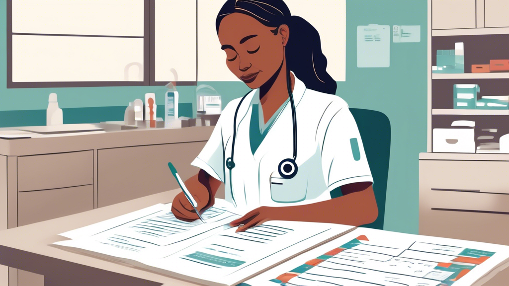 DALL-E prompt for an image relating to outline point #3 about preparing for a DOT Physical:**Create an illustration depicting a relaxed and prepared individual at a healthcare center, reviewing a checklist of documents required for a DOT physical. The setting should include visible elements such as a clipboard with a checklist, medical equipment in the background, and a friendly nurse or doctor nearby discussing what to expect during the examination. The atmosphere should convey a sense of calm and readiness, emphasizing a proactive approach to maintaining medical fitness for commercial driving. Include a calendar on the wall marked with regular check-up dates to symbolize the importance of ongoing health monitoring. Ensure the healthcare center appears accessible and professional.