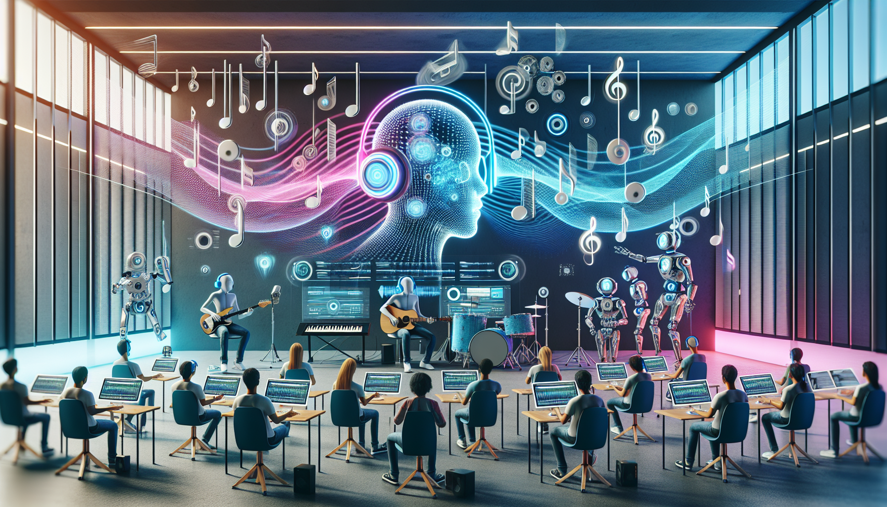 Create an image of a futuristic music studio where human musicians collaborate with artificial intelligence. The scene should include advanced AI-driven tools such as holographic interfaces for music composition, robot assistants helping with instrument tuning, and a virtual assistant on a screen providing mixing and mastering suggestions. The background should feature innovative AI applications like OpenAI
