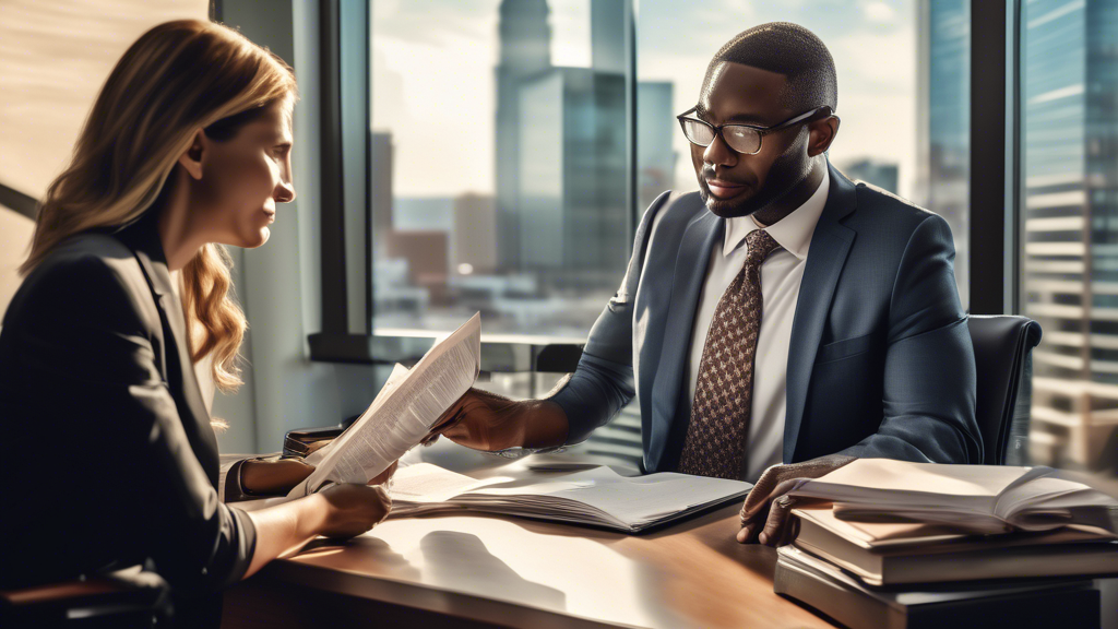 A detailed office setting in Charlotte, North Carolina, depicting a professional and empathetic lawyer discussing documents with a client who has a cast on their arm, surrounded by legal books and a computer showing a Personal Injury Law webpage, in a modern and well-lit environment. The scene should convey a sense of trust and support, with a cityscape of Charlotte visible through the window.