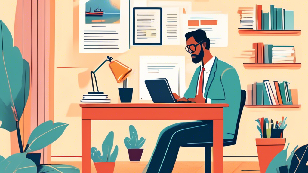 An illustrative image depicting a person sitting at a desk, researching watercraft accident lawyers on a laptop. On the desk, there are legal books, a notepad with written questions, and a smartphone displaying client reviews. A framed picture of a boat on the wall suggests the person