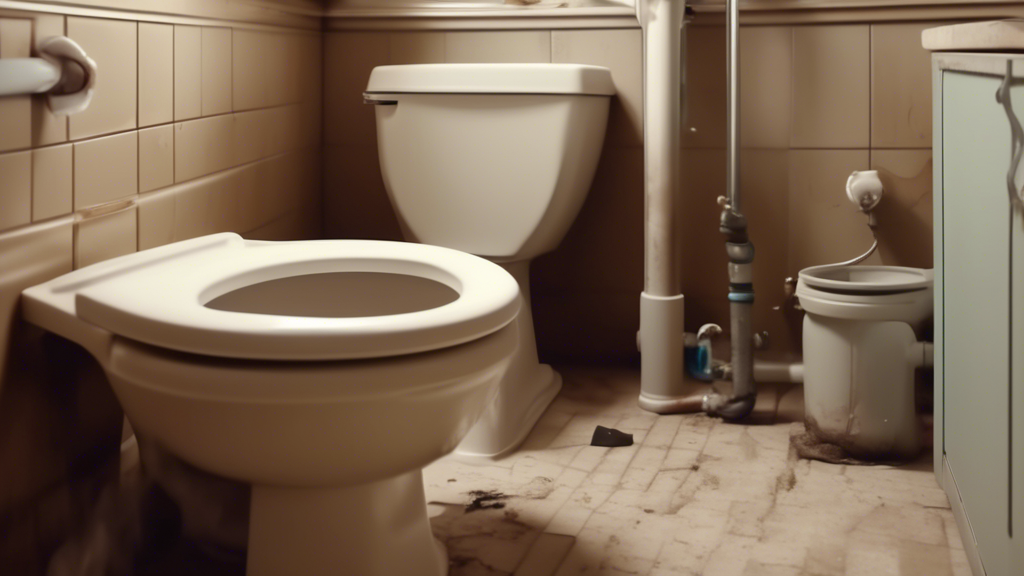 Visualize a residential bathroom scene showing early signs of a sewer line issue, with a toilet overflowing, water pooling around a slowly draining shower, and a washbasin emanating unpleasant odors, emphasizing the need for urgent sewer line cleanout.