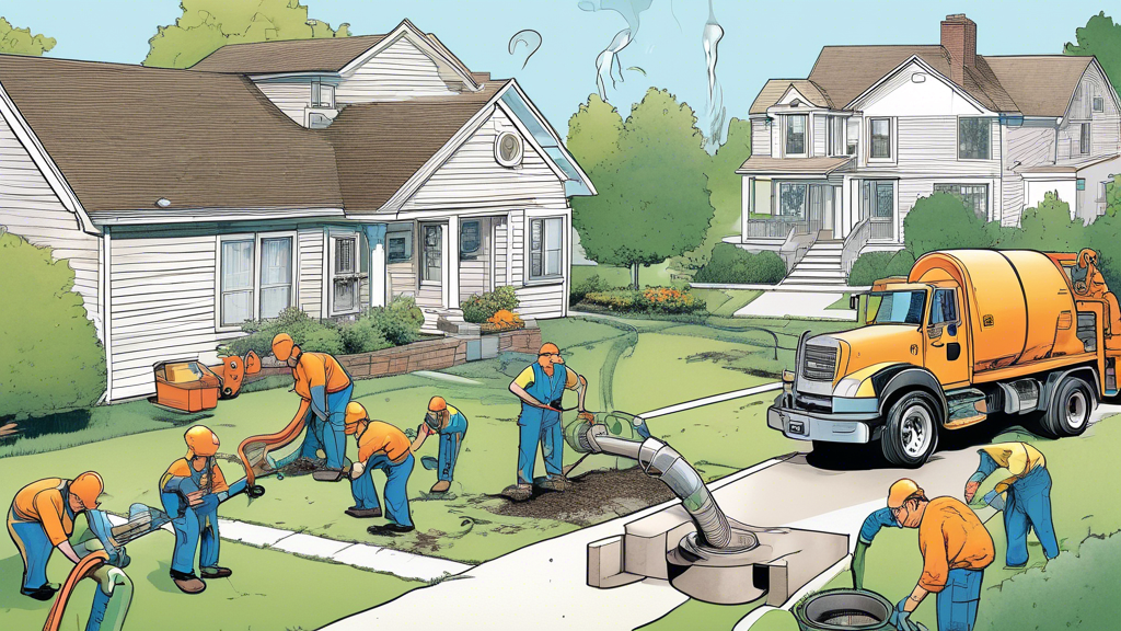 An illustration of a professional team performing a sewer line cleanout at a residential home. The image shows workers using specialized equipment to clear out the sewer line, with visible before and after views of the pipe’s interior. In the background, a well-maintained suburban house is depicted to emphasize the importance of regular maintenance. Text bubbles show tips on how often homeowners should schedule cleanouts to maintain optimal functionality. Include vibrant colors and a clear distinction between the cleaned and clogged states of the sewer lines.